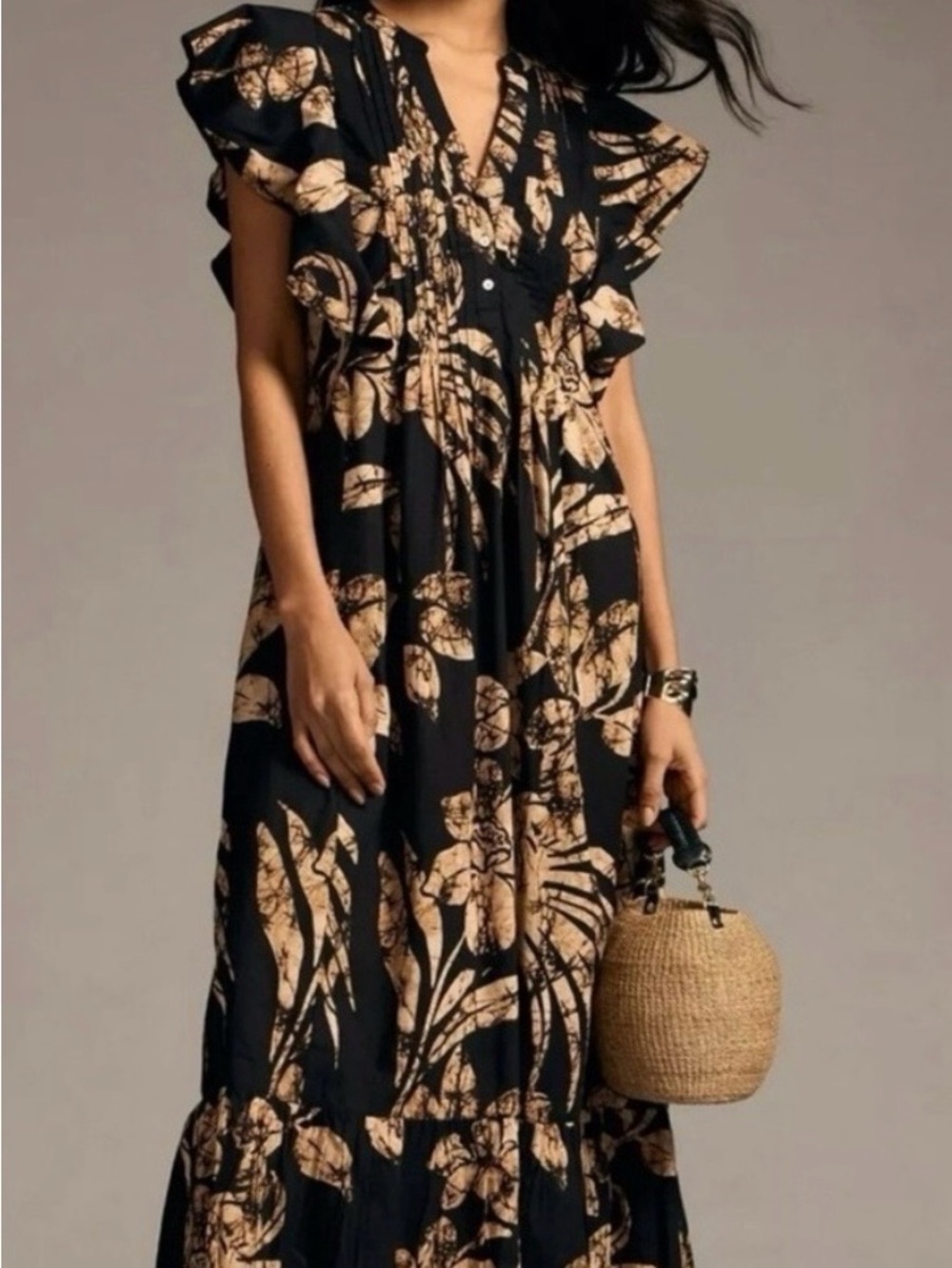 Maeve Black Maxi Dress with Tan Leaf Print